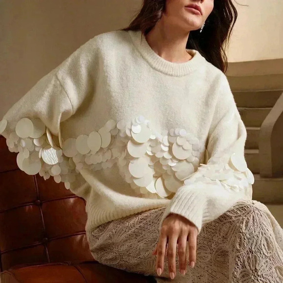 Apricot Casual Women's Handmade Beaded & Sequined Delicate Pullover Sweater - Picture 5 of 7